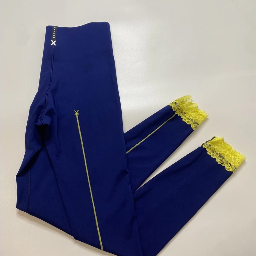 Blue and Yellow Lace Trim Women's Leggings